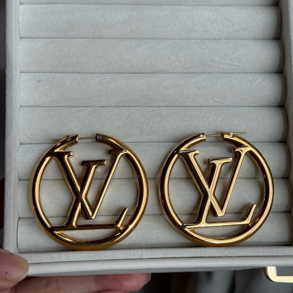 Louis Vuitton Gold Logo Hoop Earrings
